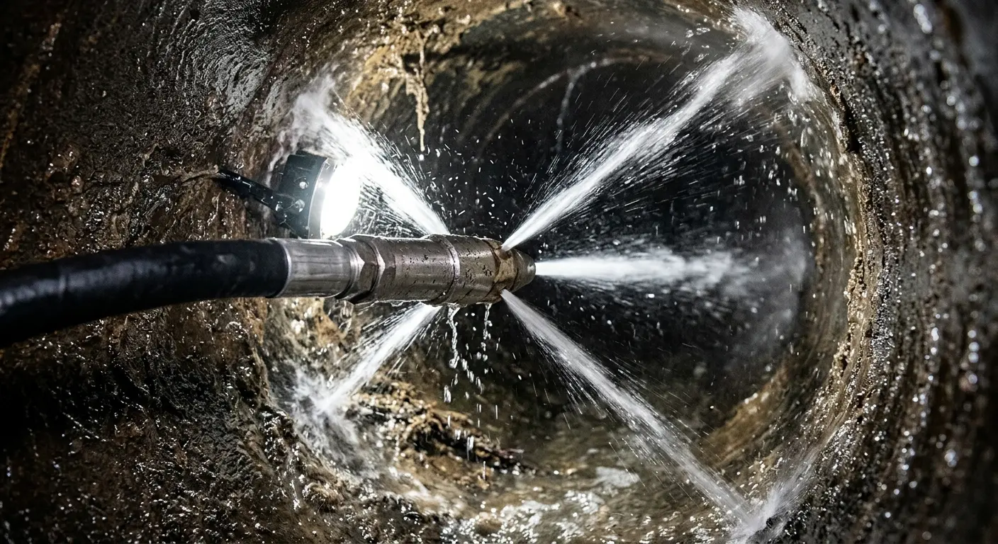 High-pressure hydro jetting nozzle cleaning sewer pipe for Emergency Drain Service in Hampton