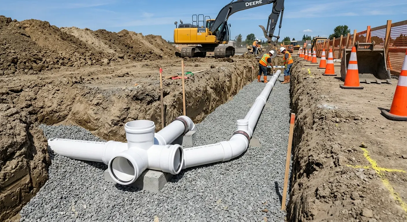 New PVC sewer pipe installation in open trench for Commercial Drain Cleaning in Hampton