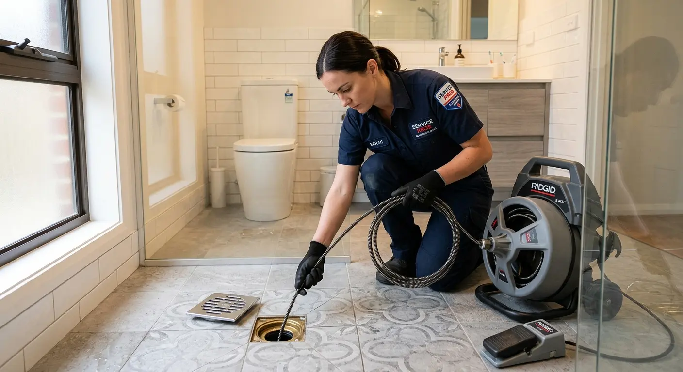 Technician clearing a bathroom floor drain for Clogged Drain Repair in Hampton